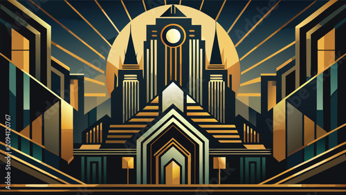 Fotografie Art deco style cityscape illustration with golden sunburst background cityscape