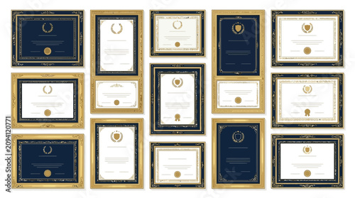 Collection of Ornate Certificates and Diplomas with Gold Borders and Seals