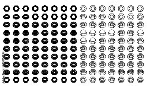 Mechanical Hex Nut Outline and Silhouette Vector Collection