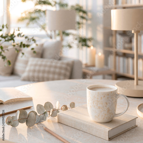 A ceramic coffee mug rests on a linen book beside eucalyptus and pencils in a warm, sunlit beige home interior.