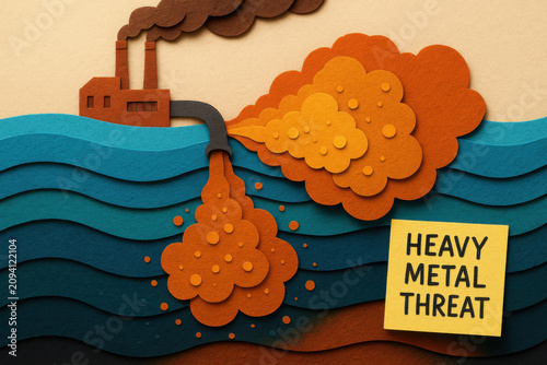 Paper cut industrial pollution scene with heavy metal threat sign near factory dumping toxic waste into ocean waves