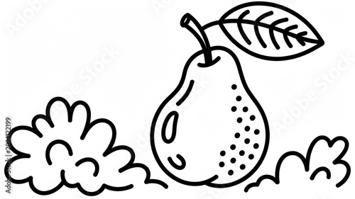 Black and white line art illustration of a pear fruit with leaf and decorative clouds isolated on white background with simple black line drawing