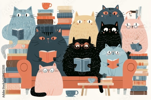 Cozy Whimsical Cat Book Club in Warm Decorative Style