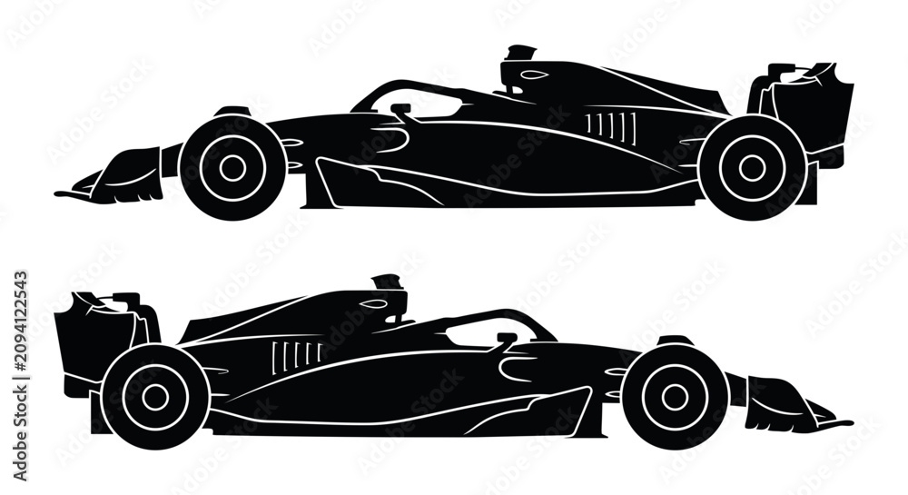 Obraz premium Black silhouette of two modern Formula 1 race cars