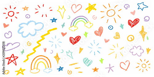 Colorful crayon style doodles and shapes on a white background