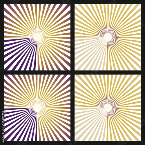 Billede på lærred Vintage sunburst background set, retro radial ray patterns in purple and gold, 4