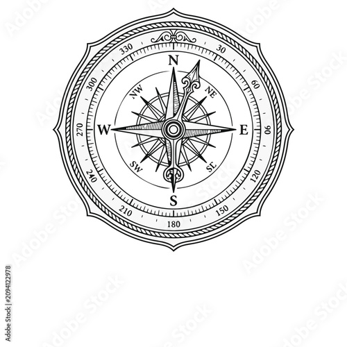 Vintage compass rose illustration for navigation design. Antique cartography symbol with ornate detailing and directional points. Classic maritime...