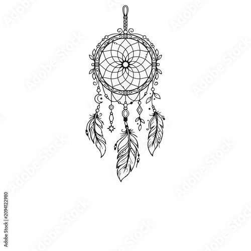 Dreamcatcher with feathers and beads hanging. Handcrafted Native American spiritual decor for protection. Boho bedroom wall art or festival accessory.