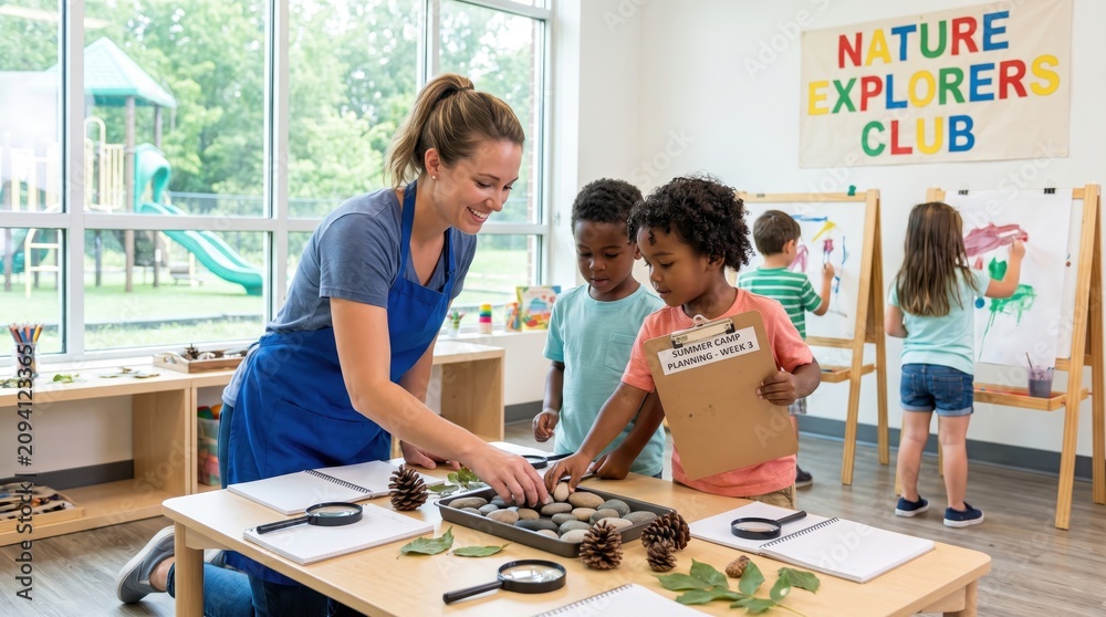 Fototapeta premium Teacher Engages Children in Summer Childcare Activity