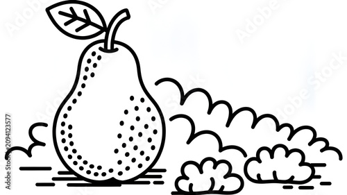 Black and white line drawing of a pear with leaf stem and dotted texture surrounded by clouds with accompanied clouds grassy ground ground rendered minimalist