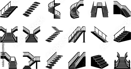 Staircase and Stairs Silhouette Icon Set Featuring Straight, Spiral, Curved, Split, Floating, Industrial and Architectural Stair Designs