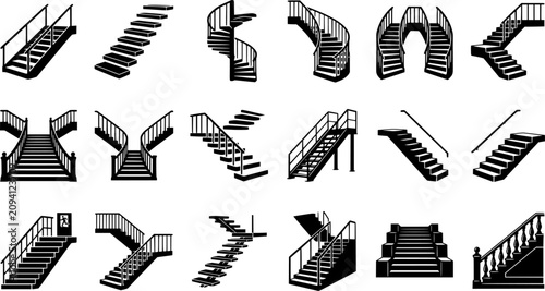 Staircase and Stairs Silhouette Icon Set Featuring Straight, Spiral, Curved, Split, Floating, Industrial and Architectural Stair Designs