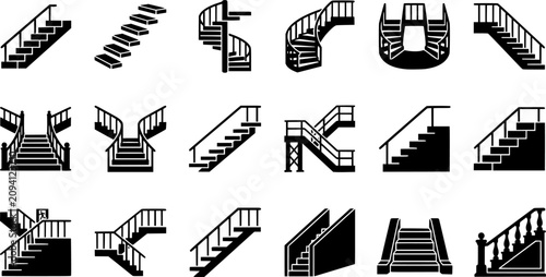 Staircase and Stairs Silhouette Icon Set Featuring Straight, Spiral, Curved, Split, Floating, Industrial and Architectural Stair Designs