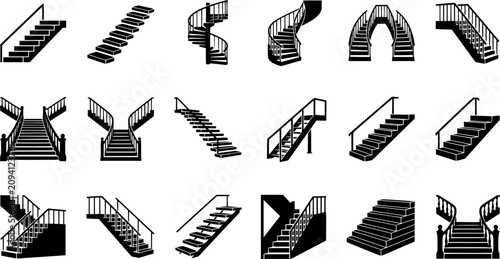 Staircase and Stairs Silhouette Icon Set Featuring Straight, Spiral, Curved, Split, Floating, Industrial and Architectural Stair Designs