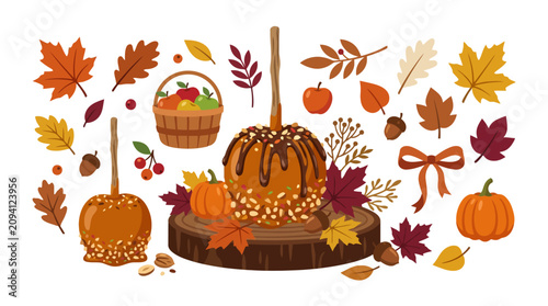Autumn harvest vector set with caramel apples pumpkins and colorful fall leaves. EPS Editable. Vector Illustrations.