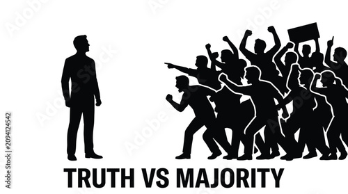 Minimalist vector illustration showing a lone man standing against an angry crowd of shouting people