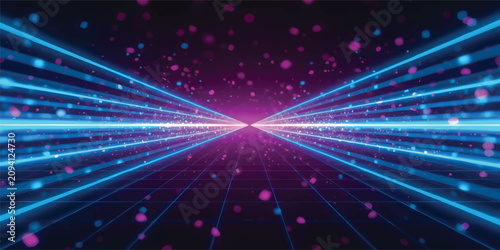 Tableau sur toile Futuristic Neon Light Speed Tunnel with Glowing Blue and Pink Energy Lines on Da