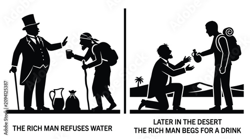 Black and white vector illustration showing a wealthy businessman refusing water to a poor traveler