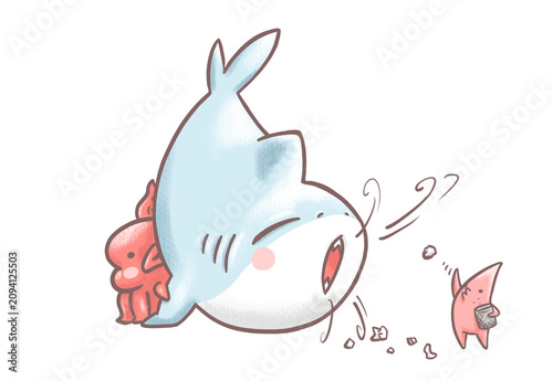 Cute Baby Shark Pretending to Be a Vacuum Cleaner Funny Cartoon Illustration