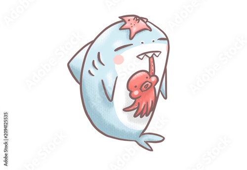 Cute Baby Shark Holding an Octopus in Its Mouth Relaxed Cartoon Illustration
