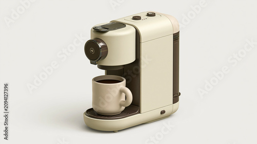 Premium 3D Capsule Coffee Maker with Coffee Mug in Claymorphism Style Isolated on White Background