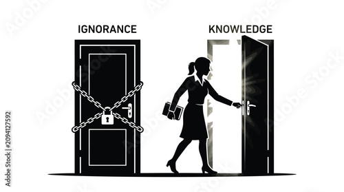 Conceptual vector illustration showing a woman opening a door to knowledge while ignoring locked doors