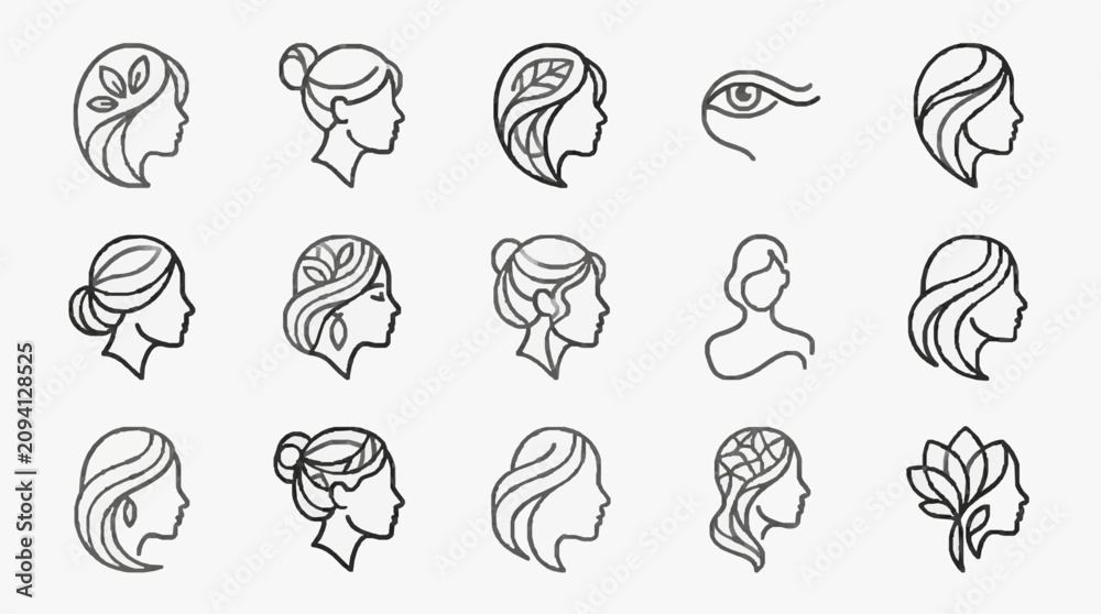 Obraz premium Corporate Icons Set of 15 Stylish Female Hairstyles in Black and White Line Art for Presentations Websites and Branding