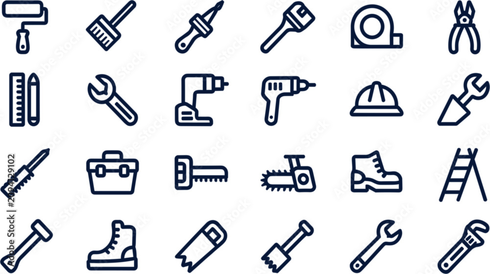 Obraz premium Set of 24 construction and DIY manual tool line-art icons