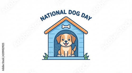 National Dog Day, dog house, cartoon dog, pet illustration, blue doghouse