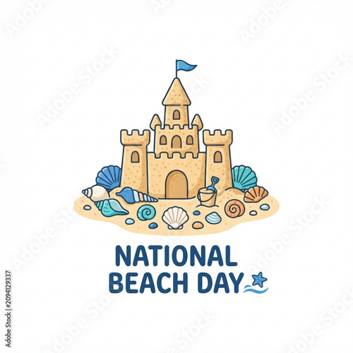 Beach, sandcastle, seashells, National Beach Day, summer, illustration, vector, colorful