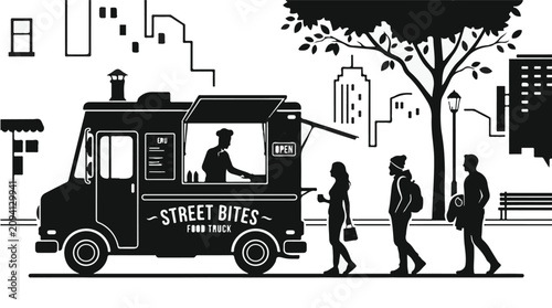 Food truck vendor serving customers in urban city setting with people walking by, street food, modern illustration