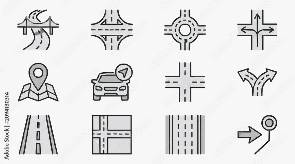 Fototapeta premium Corporate Minimalist Icons Set Featuring Road Junctions Navigation and Direction Symbols in Monochrome
