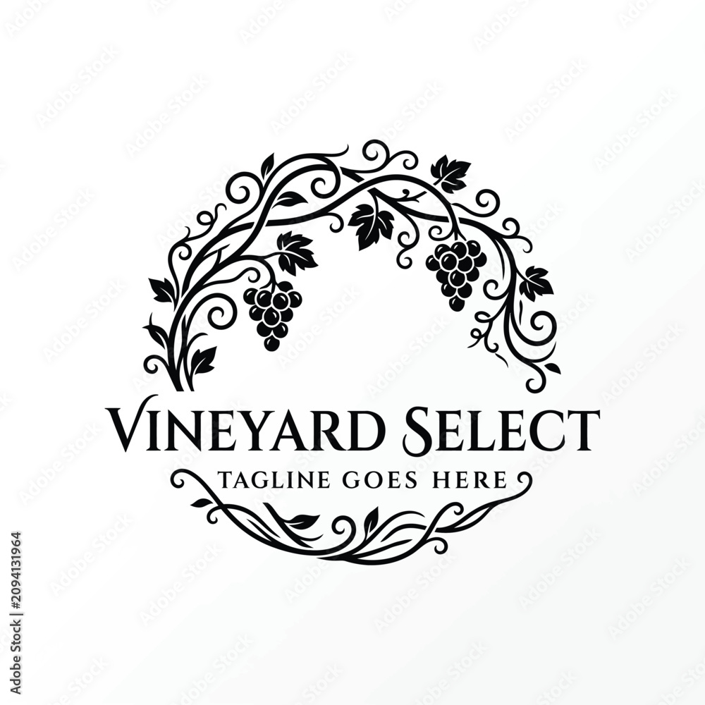 Obraz premium Elegant Circular vine wreath with grapes swirling tendrils for vineyard select winery agriculture viticulture premium wine logo design