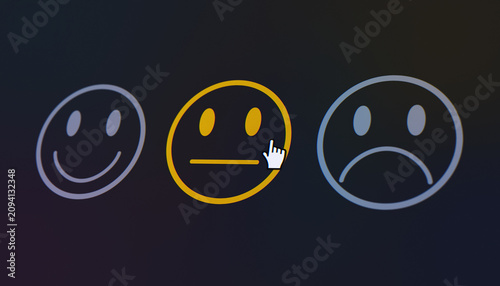 Illustration of a fictional website showing a mouse pointer clicking on a neutral button (neutral feedback) in a feedback survey. Business concept for online ratings.