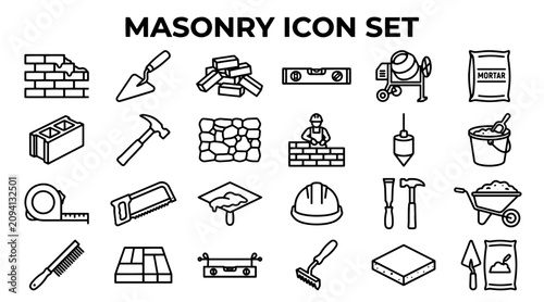 Collection of Masonry Icon Set Featuring Construction Tools and Building Materials in Outline Style