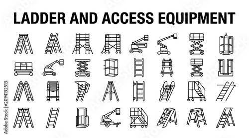 Set of Ladder and Access Equipment Icons for Construction Sites in Minimalist Black Line Art Style