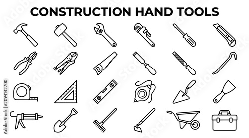 Collection of Construction Hand Tools Icons Set Featuring Essential Hardware Equipment in Line Style