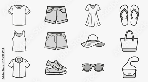Tableau sur toile Corporate Minimalist Line Drawing Collection of Casual Summer Clothing and Acces