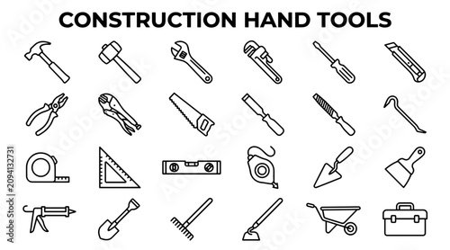 Collection of construction hand tools icons set featuring various repair equipment in linear style