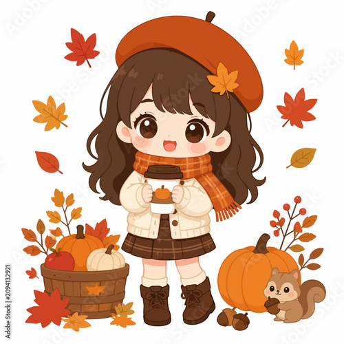 Fall chibi girl with coffee pumpkins and cute squirrel.
