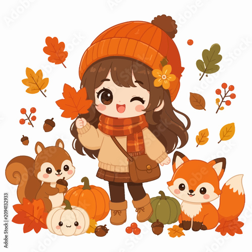 Fall chibi girl with fox and squirrel animal friends.