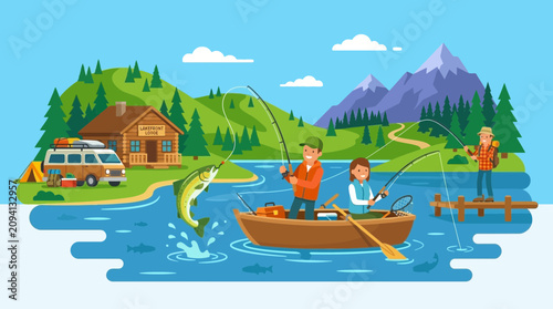 Family Fishing Trip at Lakeside Cabin with Mountains