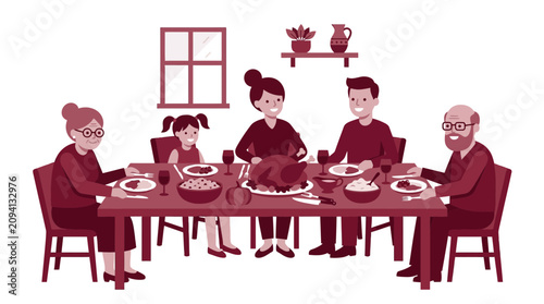 Family and grandparents eating Thanksgiving dinner together.