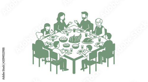 Family dining group silhouette for Thanksgiving harvest feast.