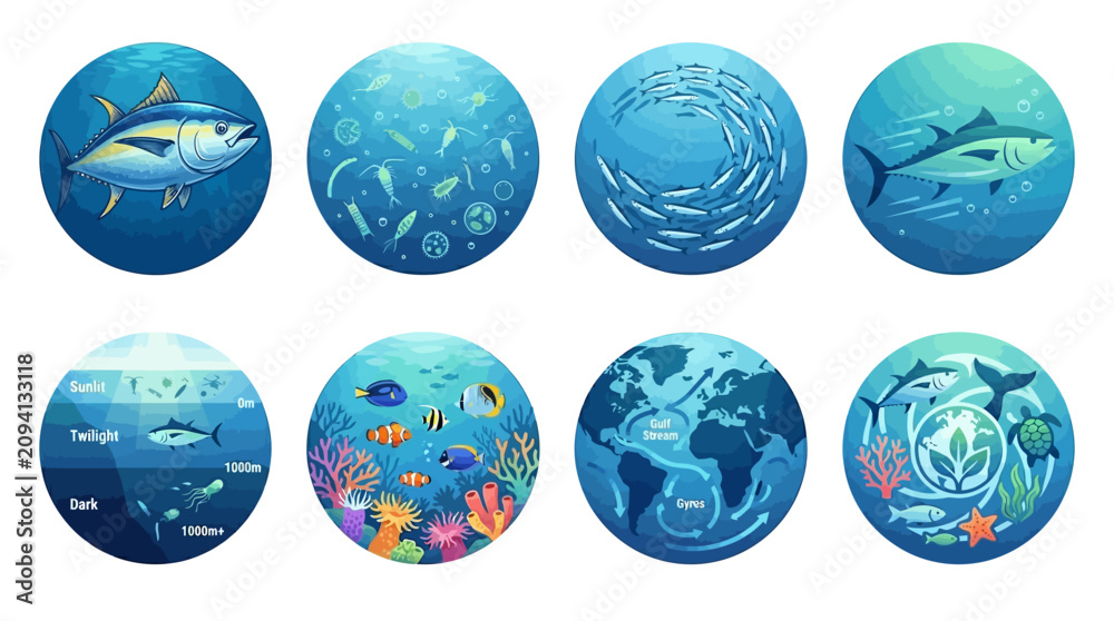 Obraz premium Vector Set of Diverse Oceanic Elements Including Fish, Coral, Marine Life, Underwater Scenes, and Ecosystems in Various Blue Tones