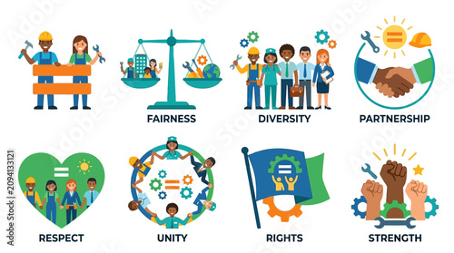 Diverse group of people working together in harmony with Vector Set of icons representing fairness, respect, and unity in a collaborative environment.