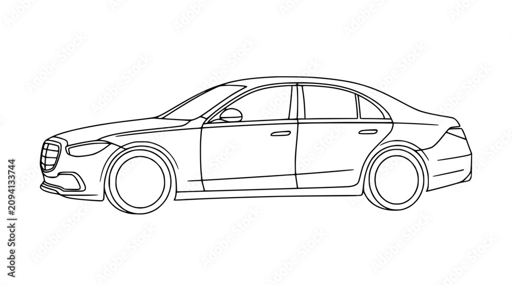 Fototapeta premium Luxury Sedan Outline Drawing, Elegant Car Vector Illustration