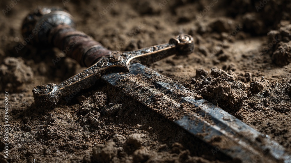 Obraz premium victorious. A broken sword in mud next to a pristine sword on clean cloth. wellbeing guides, coaching materials, designed for coaching and self-improvement content, encourages positive mindset.