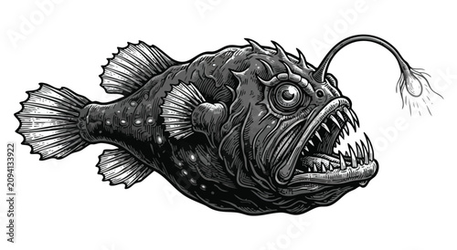 Billede på lærred Detailed black and white illustration of an anglerfish with light lure