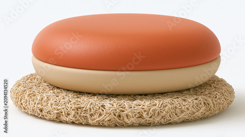 Premium 3D Natural Soap Bar with Loofah Pad in Claymorphism Style Isolated on White Background